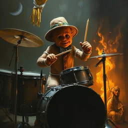 gingerbread man plays the drums, concept painting by greg rutkowski, artgerm, ruan jia, caravaggio