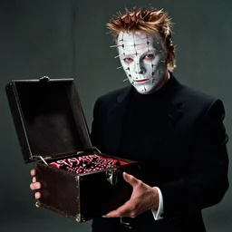 hellraiser pinhead played by donald trump holding lemarchand's box, lament configuration, a still from hellraiser movie by clive barker