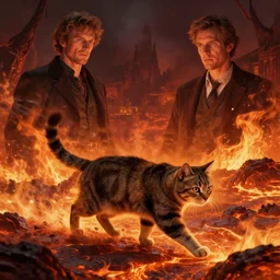a cat walking, in the hell, fire, lava, by greg rutkowski and thomas kinkade and christophe vacher. fantasy, epic, dramatic, realistic, artstation, 4 k