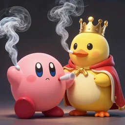 hyper realistic, portrait of a mega derpy kirby and king dedede, smoking massive amounts of weed, by greg rutkowski, scott m fischer, artgerm, loish, slight glow, atmospheric, anne stokes, alexandros pyromallis