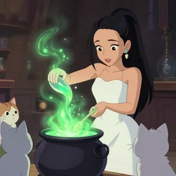 a wholesome animation key shot of a ariana grande with black hair as a white cooking a magic potion in her cauldron of bubbling green liquid as her cats watch, medium shot, waist up, studio ghibli, pixar and disney animation, sharp, rendered in unreal engine 5, anime key art by greg rutkowski, bloom, dramatic lighting
