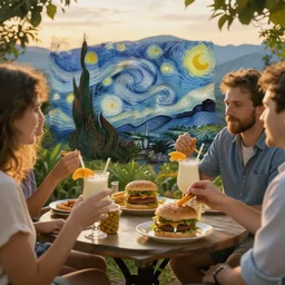 eating home made hamburgers and drinking pina coladas with friends in a garden, mountains in background, golden hour, cinematic lighting, style by van gogh and claude monet