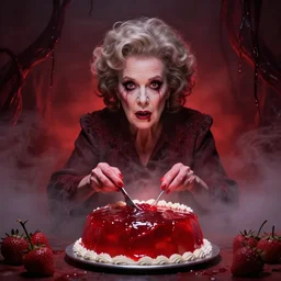 betty white baking a cake horror atmospheric red jelly fog eldritch nightmare