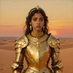 a young sad dejah thoris on mars wearing detailed plate armor made of gold, portrait, after a battle, big gold jewelry, elegant small tiara, sand dunes to the horizon, fantasy, smooth, 4 k, sunset, oil painting on canvas by sargent and alphonse mucha, norman rockwell
