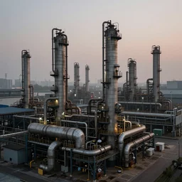 photorealistic image of endless industrial factories. dusk. fog. gritty. 8K. detailed. technical. artstation. 25mm f/1.7 ASPH Lens. ultra realistic