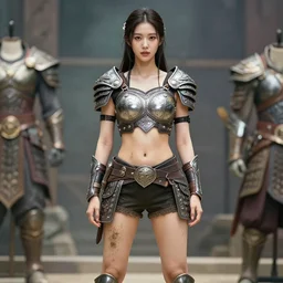full body fantasy female huntress, korean model looks, attractive, with shiny shoulder hindu armour, carved breastplate, short brief pants, dirt on skin, open fantasy, character outfit display, movie photography