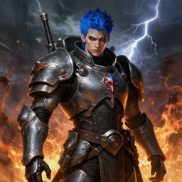 portrait of beautiful gothic and futuristic young man, warhammer, cyber armor, a lot of scars, thunderstorm and fire, blue head, the middle ages, highly detailed, artstation, illustration, art by jean delville, 8 k quality, art by jean delville, max ernst