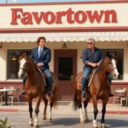 jerry seinfeld and cosmo kramer riding horses into to guy fieri's flavortown restaurant