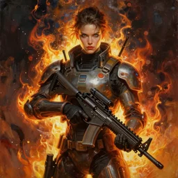 painting by donato giancola, cyberpunk soldier, armed, dangerous, fire