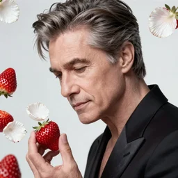 the portrait of an absurdly beautiful, graceful, elegant, sophisticated, fashionable mature man made of strawberries and white petals looking down, an ultrafine hyperdetailed illustration by kim jung gi, irakli nadar, intricate linework, bright colors, octopath traveler, final fantasy, unreal engine 5 highly rendered, global illumination, radiant light, detailed and intricate environment