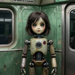 animatronic dolls on the subway by margaret keane, 1 9 6 0 s, vaporwave, glass eyes, real hair, dimly lit, distressed venetian green plaster walls, liminal space, haunting atmosphere, gothic, photorealistic, hyperdetailed 3 d matte painting, hyperrealism, hyperrealistic, cinematic, silent hill, horror style, unrealengine octane render, 8 k
