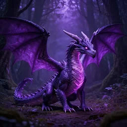 brightly lit fairy dragon in a dim dark forest purple 4 k path traced high definition detailed artstation realistic trending dramatic lighting