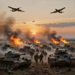 the normandy landings, d - day, 1 9 4 5, sunset, chaos, smoke, fire, soldiers charging in, airplanes fighting in the sky, destroyed tanks, highly detailed, wide shot, sadness, cinematic, ultra realistic, ray tracing, painting by jessica rossier and ivan shishkin