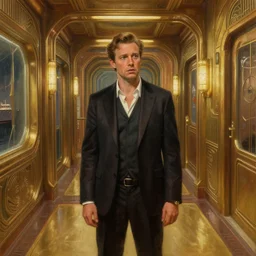 a man who slightly resembles tahmoh penikett looking concerned. he is in in a corridor on the atlantis paradise, a retro futuristic spaceship made of brass bronze gold, art deco influence, hotel style design. bioshock, starship titanic. clean, well composed painting by artgerm and greg rutkowski