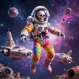 a psychedelic cosmonaut skeleton melting tearing his suit off, rainbow melting color scheme, floating in the cosmos nebula, glass space helmet, in front of a destroyed retrofuturism spaceship covered in old technology, greg rutkowski artstation, hyperrealist, cinema4D, 8k highly detailed ❤️‍🔥 🔥 💀 🤖 🚀