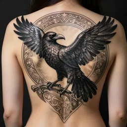 back tattoo raven design fineart, deep focus, d & d, fantasy, intricate, elegant, highly detailed, digital painting, artstation, concept art, matte, sharp focus, illustration, hearthstone, art by artgerm and greg rutkowski and alphonse mucha