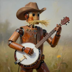 painting of a country bumpkin robot playing a banjo, straw in his mouth, style of chriss foss, high detail, hyper realistic, 8 k