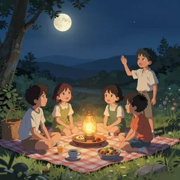 kids moonlight picnic, extremely detailed, sharp focus, wide view, full body shot, smooth, digital illustration, by james jean, by rossdraws, frank franzzeta, mcbess, sakimichan, brosmind, steve simpson