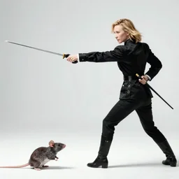 hypperrealistic photograph of cate blanchett sword fighting a mouse