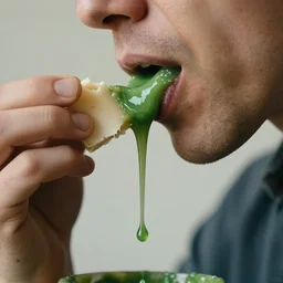 closeup of a man tasting a stinking old green cheese driping green blood