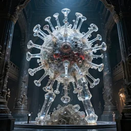 inside the temple of the virus god cult. large crystalline statue of a t 7 bacteriophage dominates the scene. horrifying beauty. behold the great virus! award - winning photograph hasselblad 1 6 k