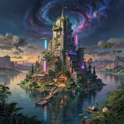 a beautiful photorealistic illustration of patio architecture urbex by stanley spencer, nature futuristic cosmic tokyo lake dieselpunk cgsociety tron at dawn neon signs studio ghibli architecture island magic realism, archdaily, wallpaper, highly detailed, trending on artstation.