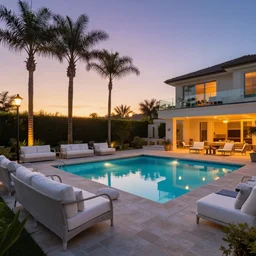 Photo of Backyard with a pool , few palm trees and patio, White Sofas with a fireplace nearby, big beautiful street lamps, Sunset View, pool has lights, Mansion with a glass balcony in the background