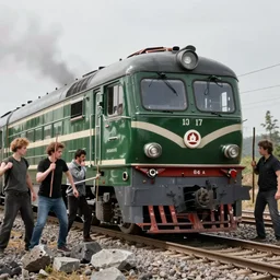 a lot of aggressive people with sticks and stones surrounded two people behind of a russian dark - green electric train locomotive, realistic, 4 k, ultra render, unreal engine