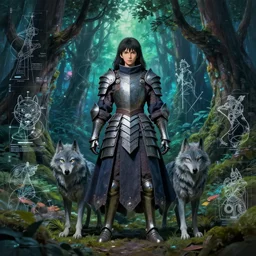 Princess Mononoke, single figure, wolves, fully clothed in armor, lush fairy forest, neon, concept art, schematics, studio ghibli, gnarly trees, painted by  norman rockwell, mucha, james gurney, high detail, denoised, sharp, architectural