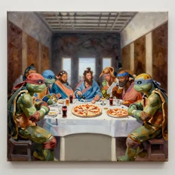 realistic painting of the last supper with ninja turtles instead of people. pizza and coca cola are on the table. canvas, oil. 4 k
