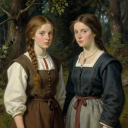 portrait of two beautiful medieval village finnish norwegian swedish attractive maidens in the woods, jodhpurs greg manchess painting by sargent and leyendecker, studio ghibli fantasy close - up shot asymmetrical intricate elegant matte painting illustration hearthstone, by greg rutkowski by greg tocchini by james gilleard