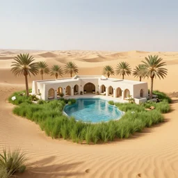 oasis - like architectural design in the middle of the desert, full of water and grass
