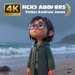 A young girl with glasses in a rainy beach looking to the sky, she is wearing a wet coat, sad vibe, designed by Peter Andrew Jones and Pixar, photorealistic, 3d render, award winning render, unreal engine, octane render, studio lighting, 8k, hd, Dustin Nguyen, Akihiko Yoshida, Greg Tocchini, Greg Rutkowski, Cliff Chiang