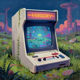 a painting of an abandoned video game system, vaporwave arcade, weeds, cyberpunk art by Chris LaBrooy and james gurney, behance contest winner, auto-destructive art, dystopian art, apocalypse landscape, apocalypse art