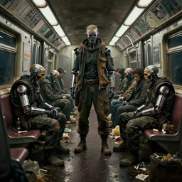 wallpaper of homeless cyborgs in dirty subway car, garbage on ground, dramatic lighting, highres textures, ambient occlusion, volumetric lighting, octane render, unreal engine 5, weta digital, ilm, digital domain, raytracing