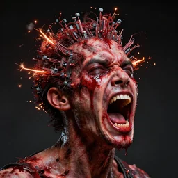 uhd hyperrealistic photorealisitc hyperdetailed detailed howard hamlin head exploding, puking blood, screaming, with sparking circuits, studio lighting, by ayami kojima amano karol bak, greg hildebrandt and mark brooks