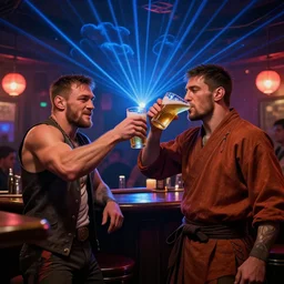 a shaolin warrior monk toasting conor mcgregor while drinking a beer in an irish pub, laser show with blue cloud patterns, in unreal engine, well framed, neon standup bar, trending on art station, in the style of the movie heat with al pacino, volumetric lighting & shadows, digital art, unreal engine, 4 0 0 mm f 1. 2,