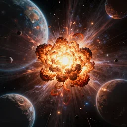in the style of ellen jewett bowater, colliding in space, concept art, realistic brutal, artstation, smooth, terror, hateful awe shock, planets exploding, big bang