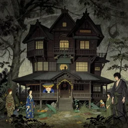 hyper realistic traditional japanese illustration of a haunted house, in the style of austin osman spare, wayne barlowe, gustav moreau, goward, bussiere and roberto ferri, santiago caruso, bouguereau, klimt, saturno butto, sorayama and tom bagshaw. occult art - h 7 0 8
