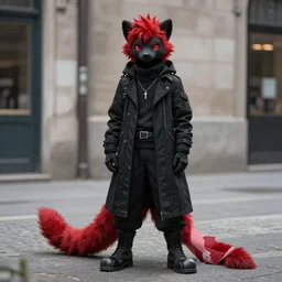 red fursona stoat | urbanscene longtail photorealism | coalpunk masculine fursona black