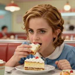 closeup face portrait of a tin toy emma watson eating cakes in a 1 9 5 0 s diner, by nicoletta ceccoli, mark ryden, lostfish, max fleischer, depth of field, detailed and intricate environment, 8 k resolution, hyperrealistic, octane render