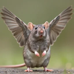closeup zeiss 3 5 mm photo of a standing majestic rat, spread sparrow wings!!!!!, wildlife photography