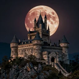 mountain castle in front of blood moon, realistic, dark atmosphere, high realistic, surreal
