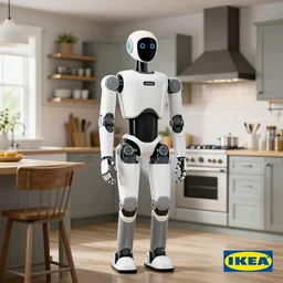 humanoid robot, IKEA Catalogue photo in a high end farmhouse style kitchen