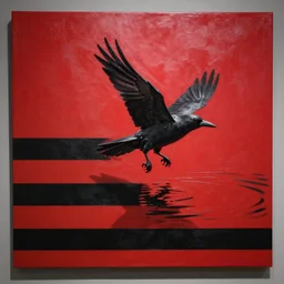canvas coated with red paint, black stripes, mechanical crow flying out of water, matte paint, alberto seveso