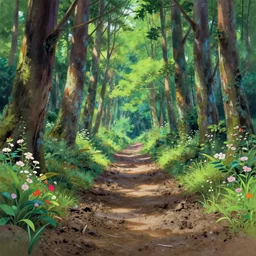 deep muddy forest on a sunny day walkway panorama, blooming, traditional gouache painting by chinese studio, by disney studio, by pixar 3 d render and kyoto animation