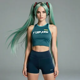 Natalie Portman as hatsune miku wearing crop gym top with white lettering, crop yoga short, Advertising photography by Mario Testino, masterwork, cgstudio