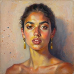 portrait in daring femininity, ethnic, confident face, warm glow, bathed in morning light, captured memory, painterly, radiosity, terrazzo, mediterranean color scheme, contemporary art, oil on canvas