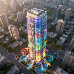 single skyscraper with pumps colorful gels and waterpark slides, unreal 5, daz, hyperrealistic, octane render cinematic volume inner glowing aura global illumination ray tracing hdr, by pixar, drone shots