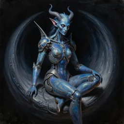 a neoclassicist sci - fi portrait of single blue demon seated in singularity, with high tech body modification implants. iridescent textures. highly detailed science fiction oil painting by mikhail vrubel and chris cunningham. black background